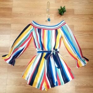 Jealous Tomato Striped Colorful Romper Shorts Off Shoulder Festival EUC SZ MED